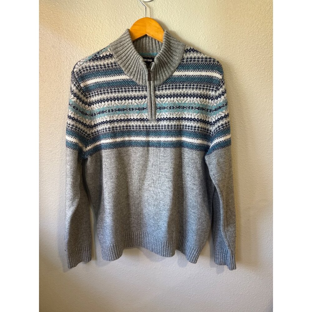 Lands End Men's Gray Fair Isle 1/4‎ Zip Sweater L Wool Blend Warm Winter Knit